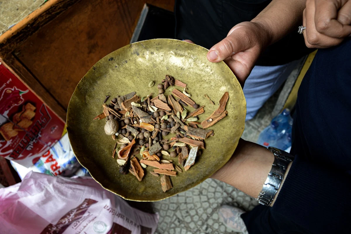 Ras el hanout ingredients ready to grind on sale in the local market