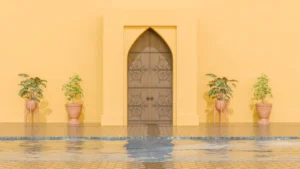 CGI image of an old gate with pool in front.