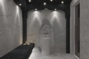 a bathroom with a white tub and a black counter