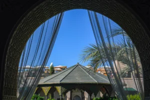 a gazebo surrounded by palm trees and greenery
